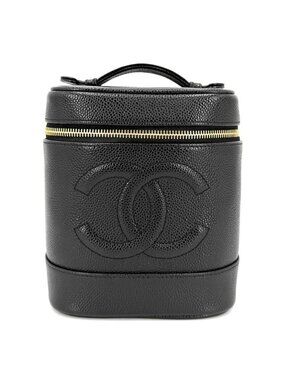 Chanel Handbag CC Logo Vanity Cosmetic Pouch Caviar Leather Black Gold